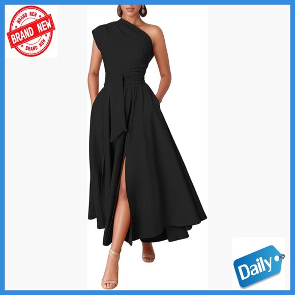 One Shoulder Maxi Dress A-Line Slit Formal Cocktail Evening Gown